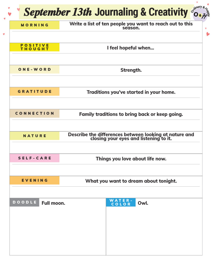 september 13th journaling and creativity printable worksheet with prompts for the day to write about