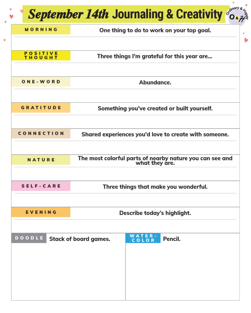 september 14th journaling and creativity printable worksheet planner with prompts to write about