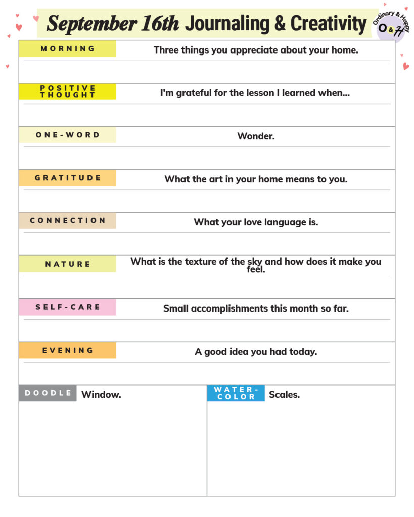 september 16th journaling and creativity worksheet printable with prompts and spaces to write about them