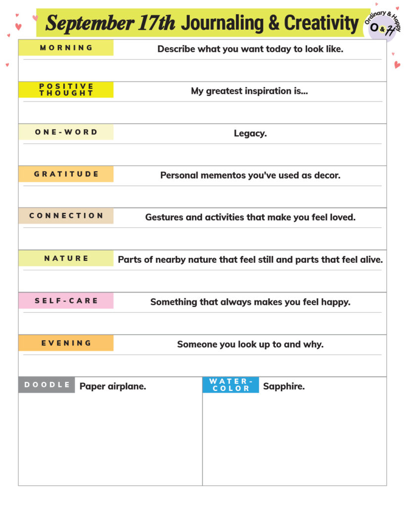 september 17th journaling and creativity worksheet printable with prompts and spaces for your answers