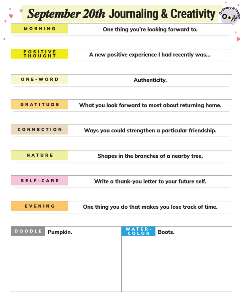 september 20th journaling and creativity worksheet planner printable