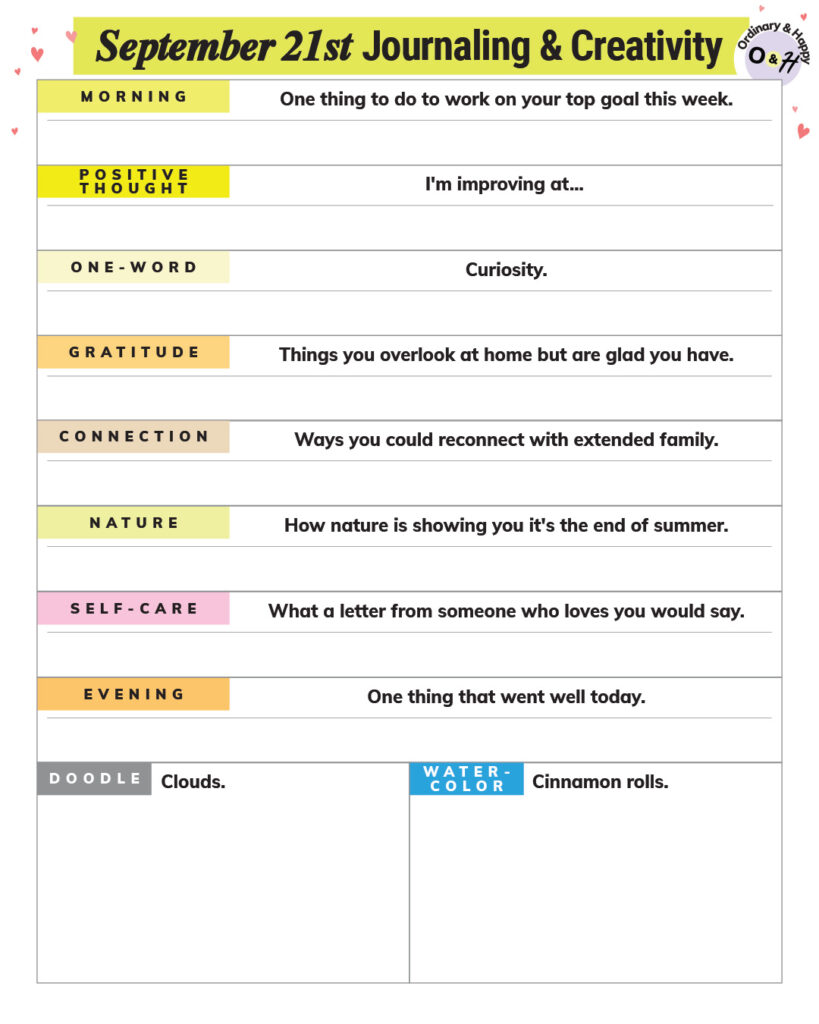 september 21st journaling and creativity printable worksheet planner with prompts and spaces to write your answers