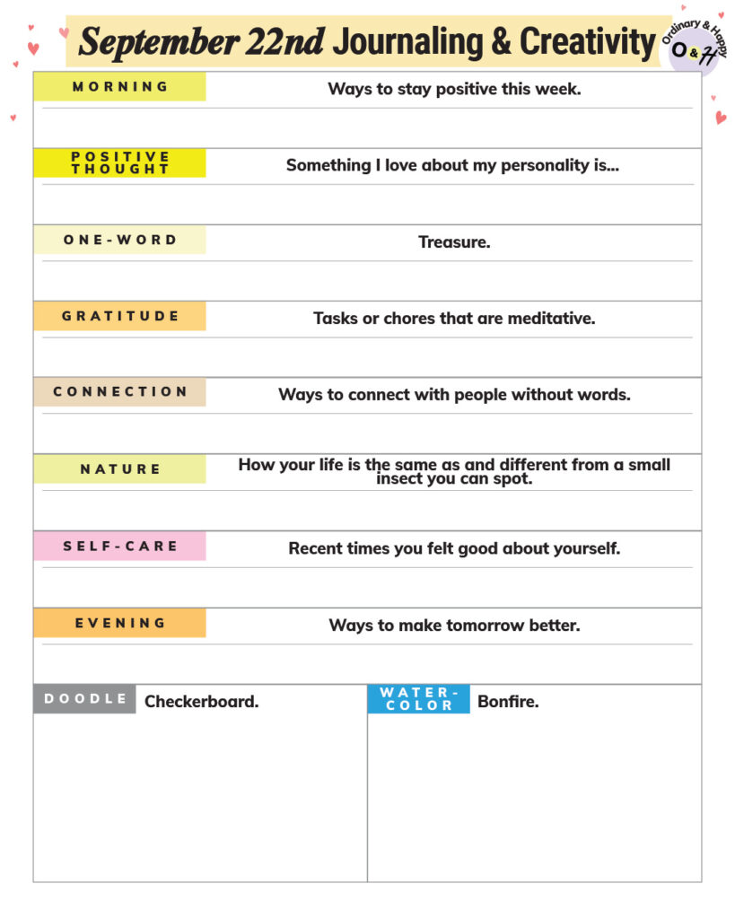 september 22nd journaling and creativity worksheet planner printable with prompts to write about