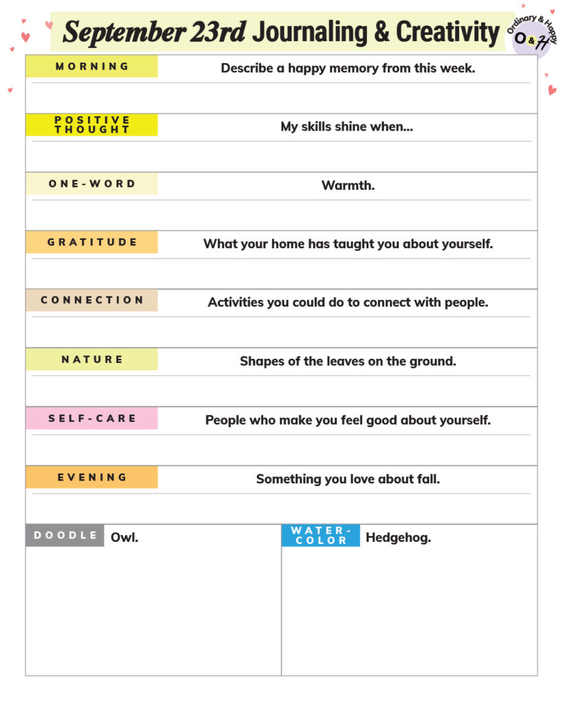 september 23rd journaling and creativity prompts worksheet printable
