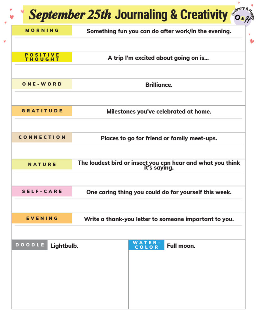 september 25th journaling and creative ideas worksheet consisting of a selection of prompts to write, draw, or paint
