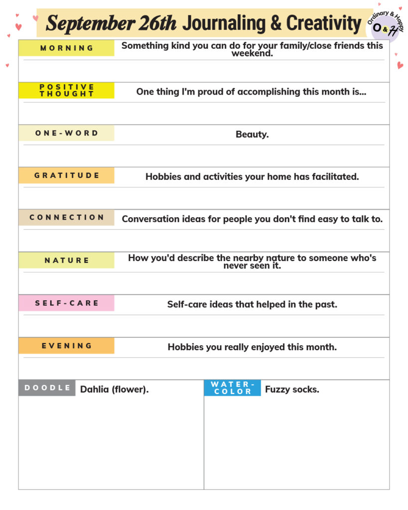september 26th journaling and creativity prompts worksheet