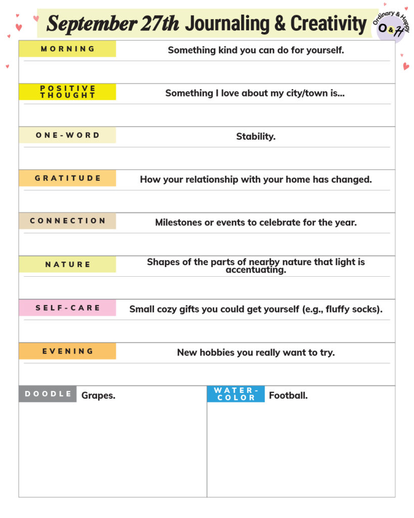 september 27th journaling and creative prompts worksheet