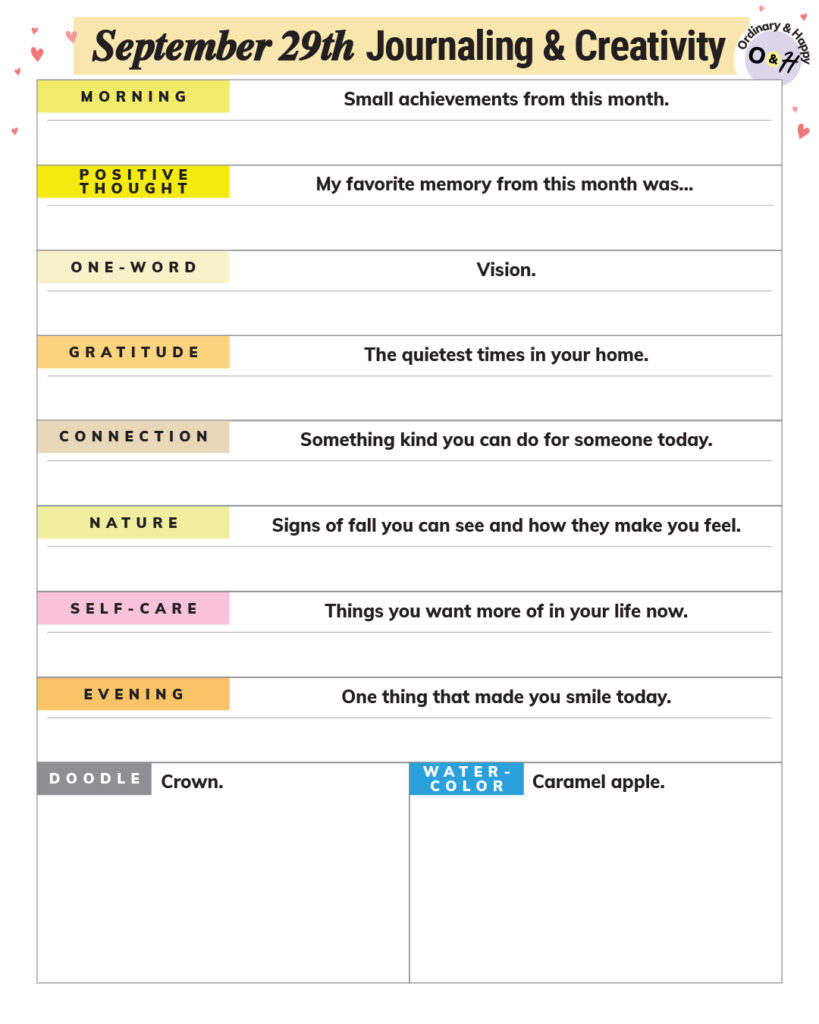 september 29th journaling and creativity worksheet planner with prompts to write about