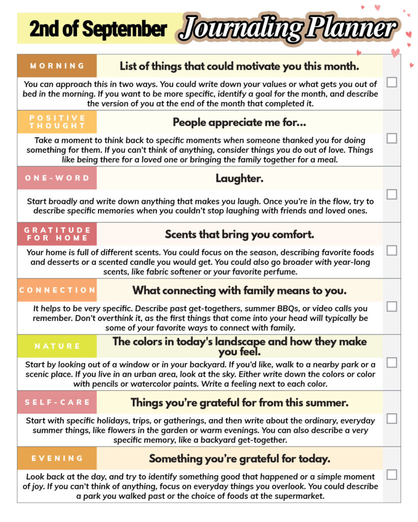 september 2nd daily journaling planner printable with 8 different prompts and insights on what to write about in a series of color-coded rows