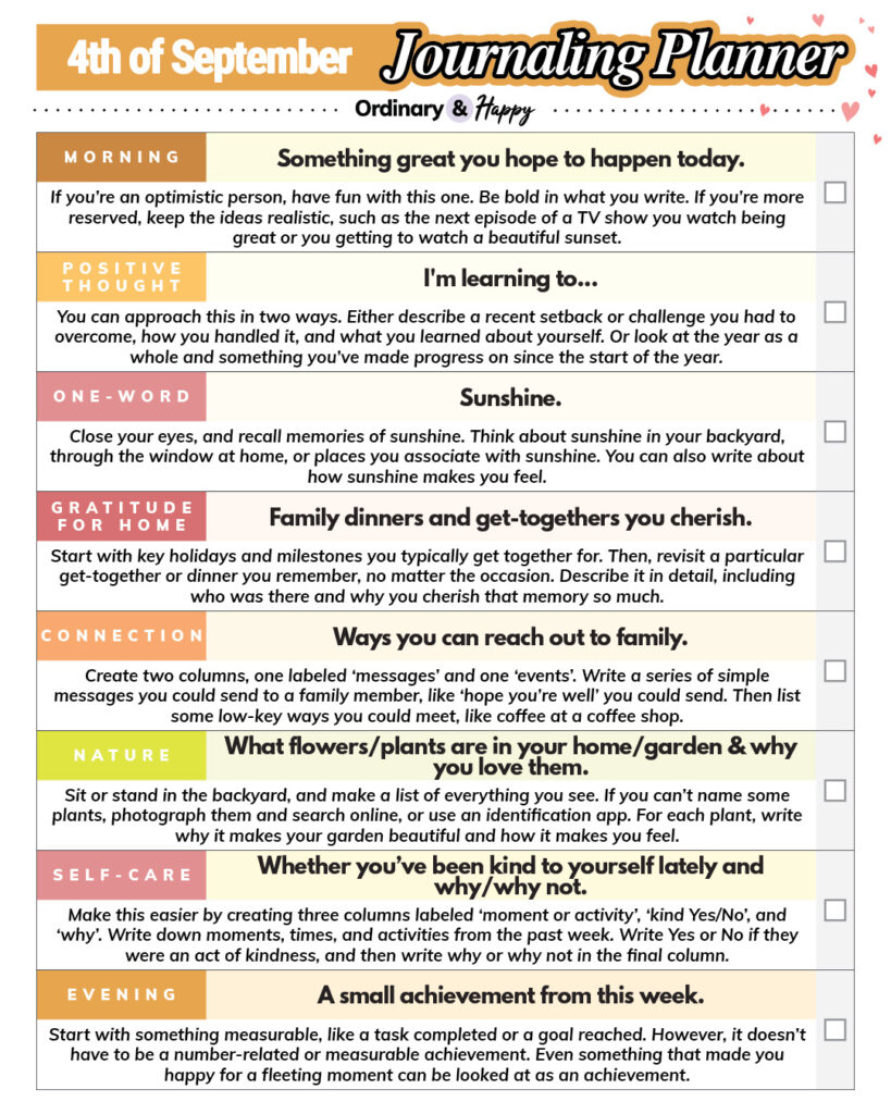 september 4th daily journaling planner with prompts for the day and ideas for what to write about