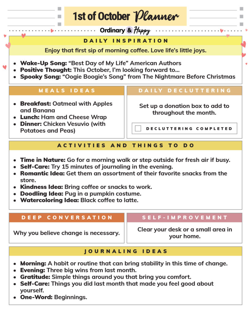 october 1st daily planner printable with lists of ideas in different sections