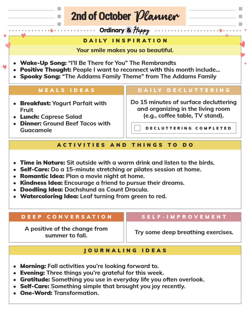 october 2nd daily planner printable containing colorful sections with listicles for daily life