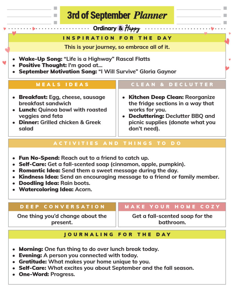 September 3rd daily planner ideas displayed in a series of color-coded rectangular sections