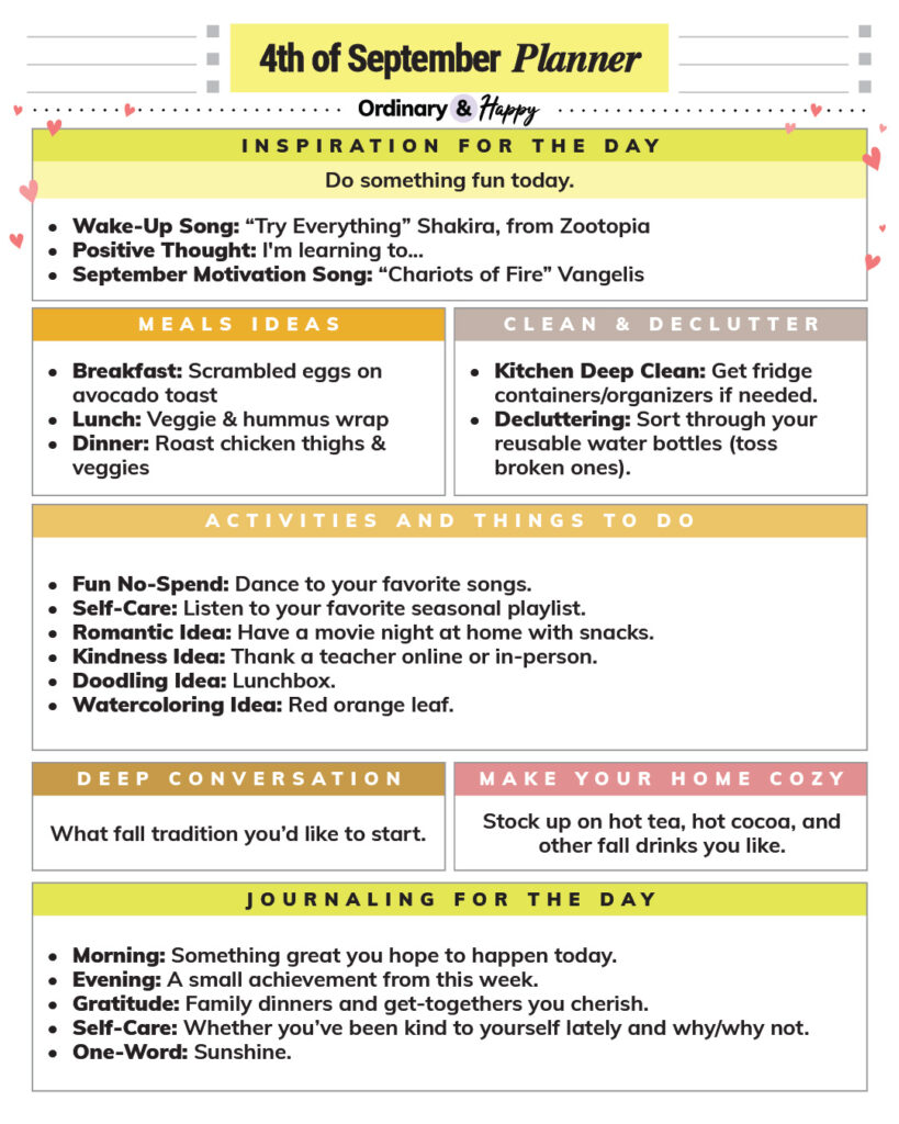 september 4th daily planner printable with lists of ideas for the day in color-coded sections