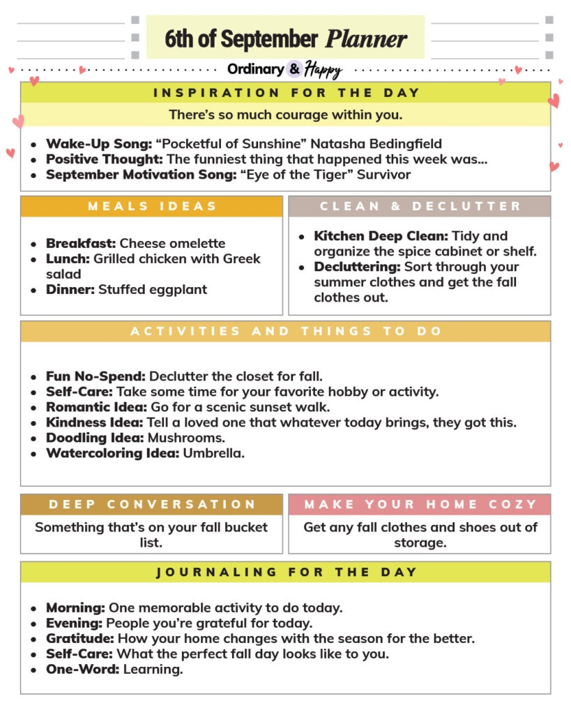 september 6th daily planner printable with listed ideas for inspiration, meals, cleaning, activities, home, conversation, and journaling
