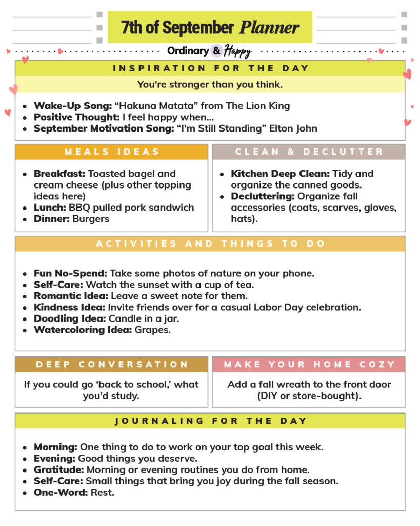 september 7th daily planner printable consisting of different colorful sections for the day and lists of ideas in each one