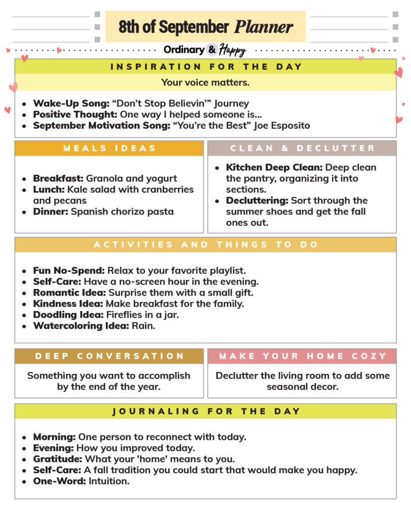 september 8th daily planner printable consisting of colorful sections with lists of ideas for inspiration, meals, cleaning and decluttering, activities, conversation, home, and journaling