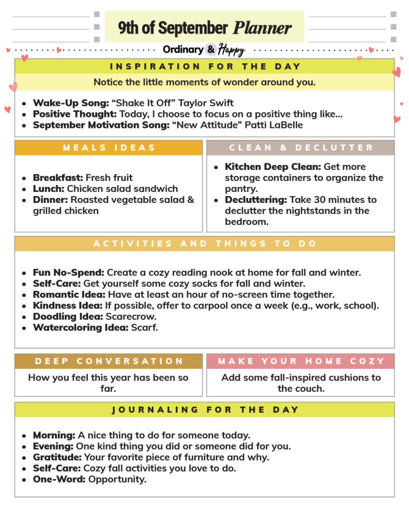 september 9th daily planner printable with lists of ideas for different areas of daily life in an easy-to-view printable