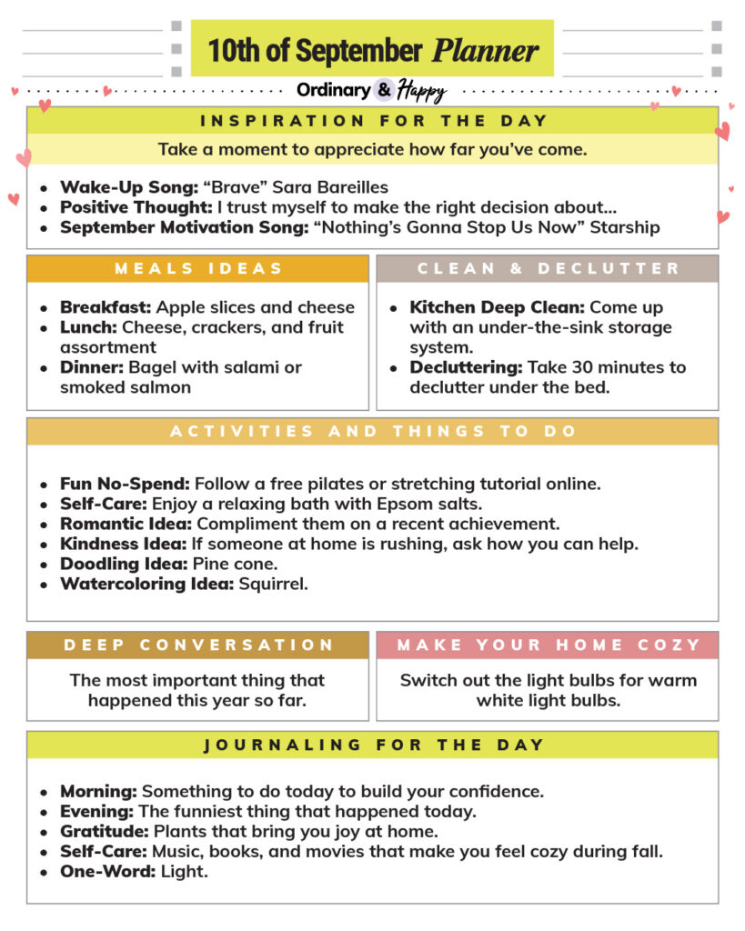 september 10th daily planner printable with a selection of ideas displayed in rectangular sections