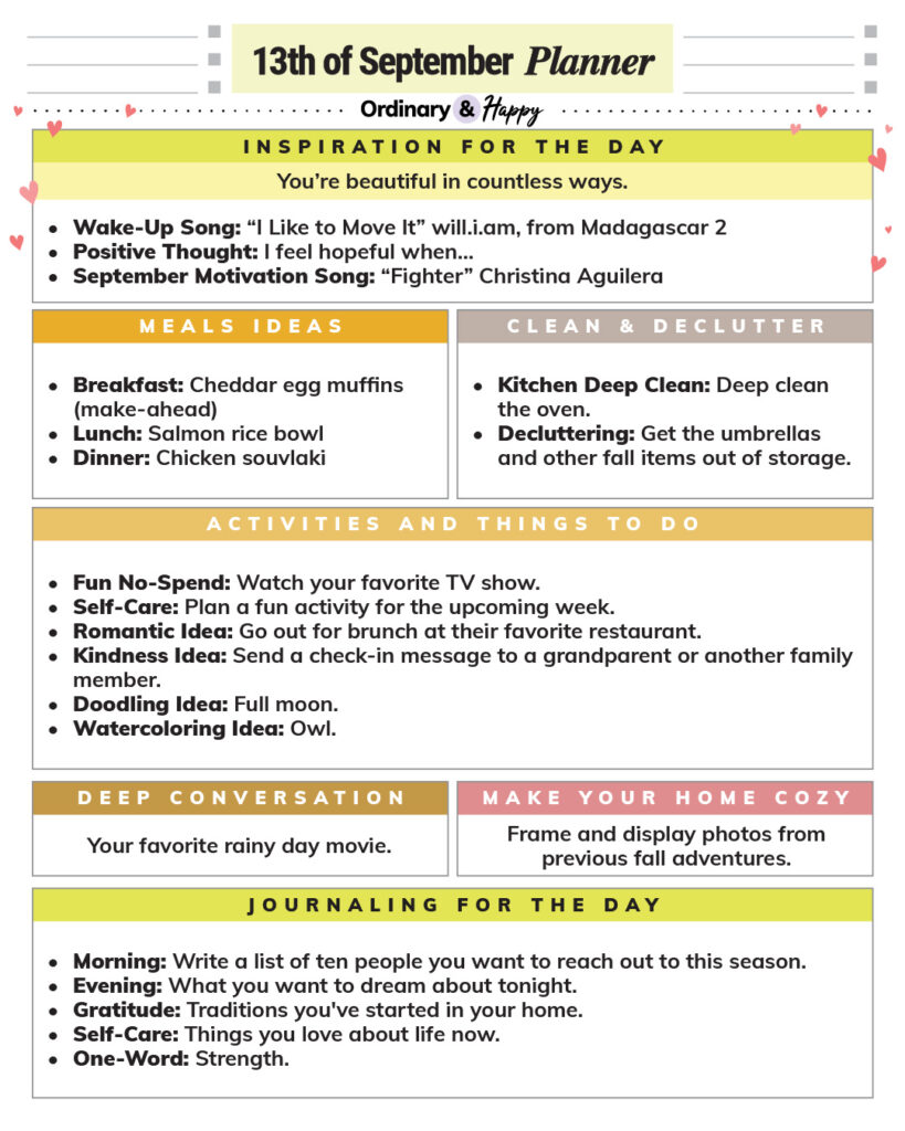 september 13th daily planner printable with lists of ideas in colorful boxes for the whole day