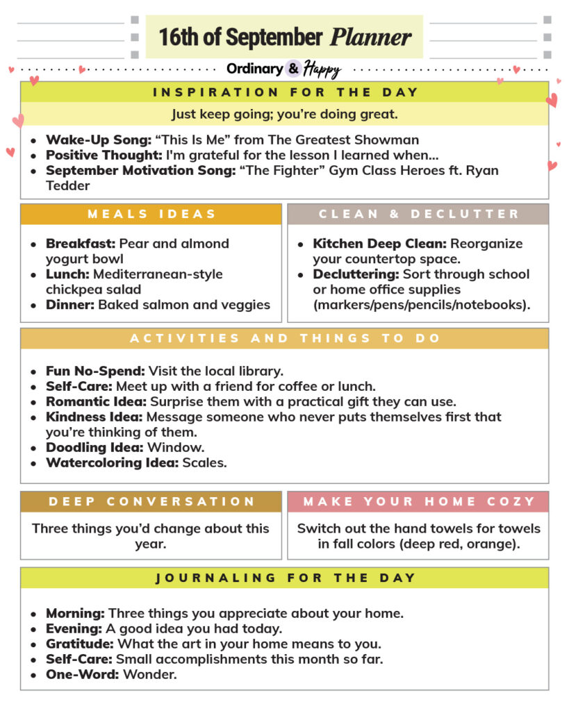 september 16th daily planner printable with ideas for inspiration, meals, decluttering, activities, home, conversation, and journaling