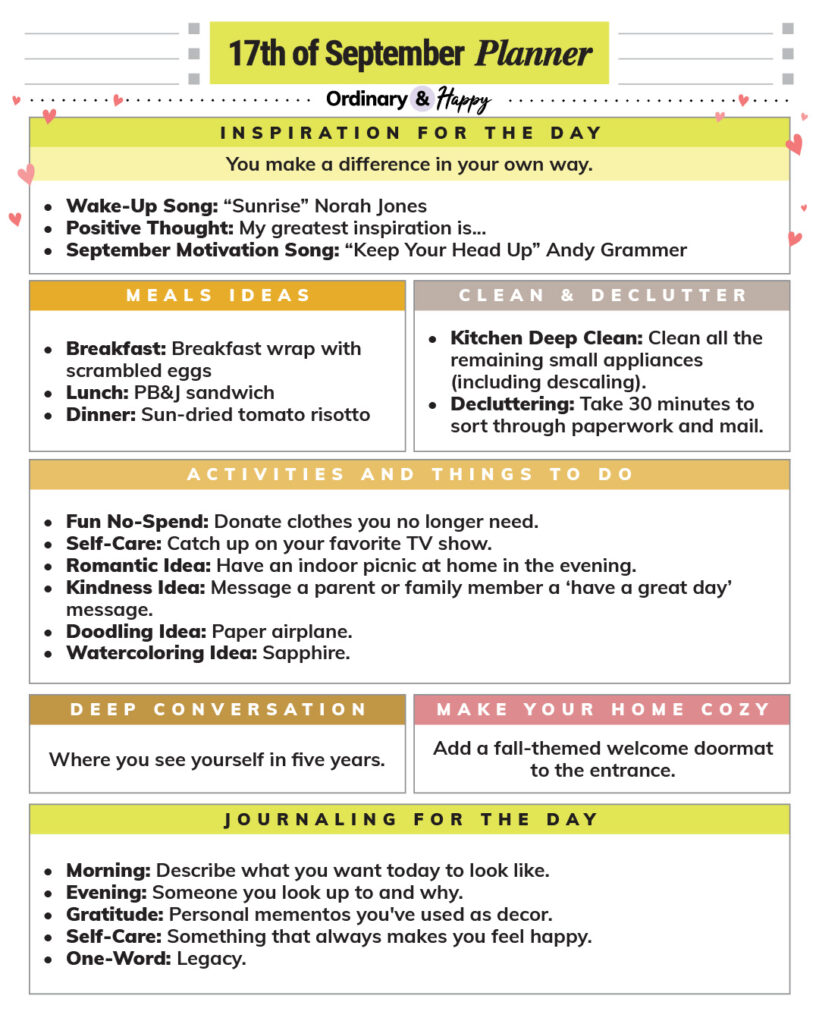 september 17th daily planner printable with lists of ideas displayed in color-coded sections