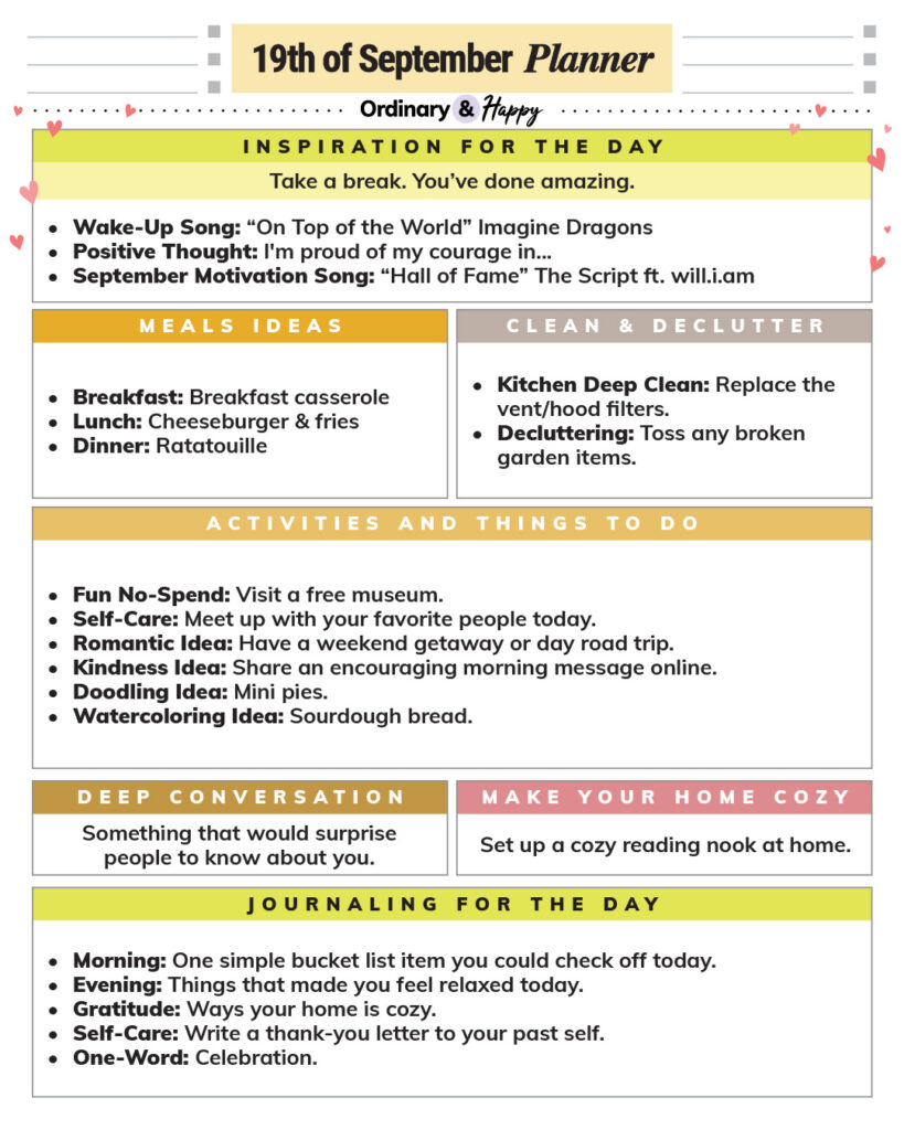 september 19th daily planner printable with lists of ideas in different color-coded sections for the day