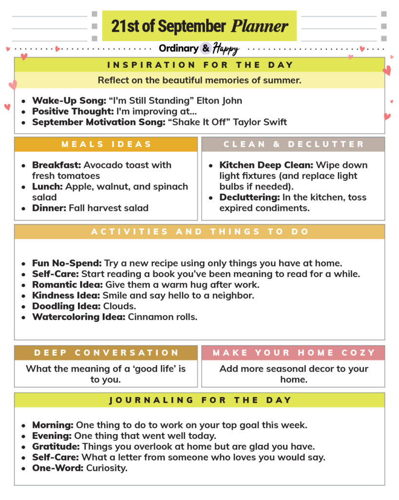 september 21st full-day planner printable with rectangular sections containing lists of ideas for different areas of daily life