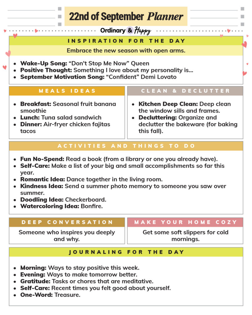 september 22nd daily planner printable with ideas for inspiration, meals, decluttering, activities, conversation, home, and journaling