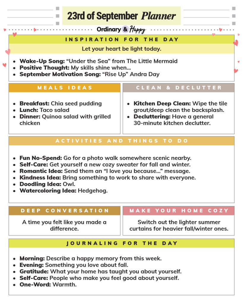 september 23rd daily planner printable listicle with ideas displayed in color-coded rectangular sections