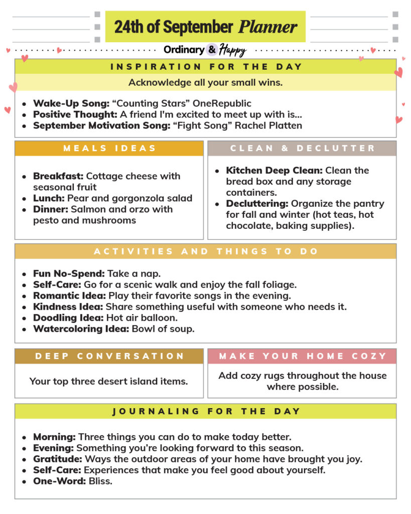 september 24th daily planner printable containing listicles for different areas of daily life