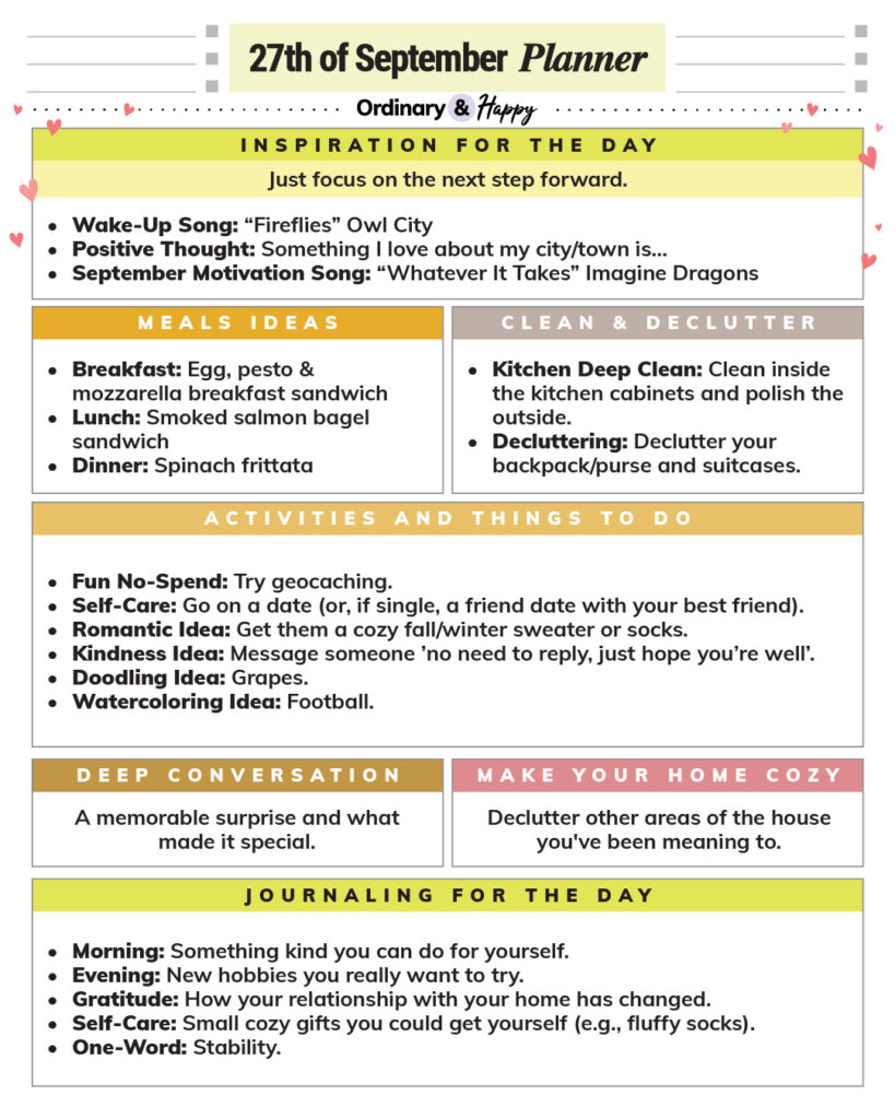 september 27th daily planner printable with rectangular sections containing lists of ideas for the day