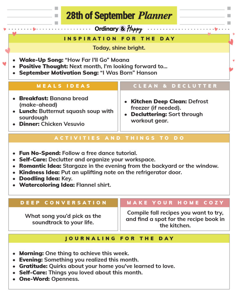 september 28th daily planner printable with listicles for different areas of daily life