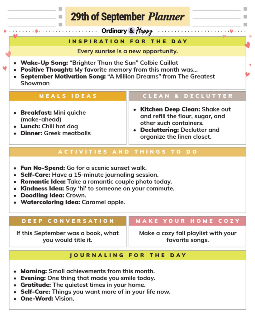 september 29th daily planner printable with lists of ideas in different color-coded sections
