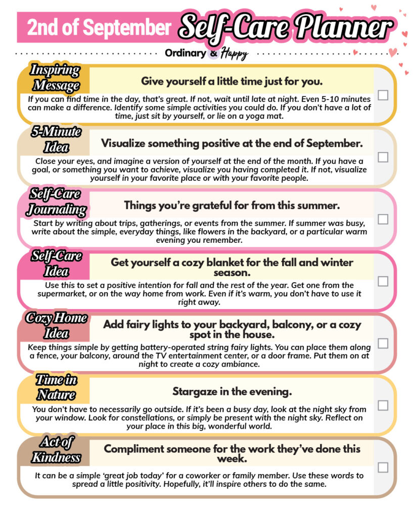 september 2nd self-care planner printable with 8 different ideas to try in color-coded sections