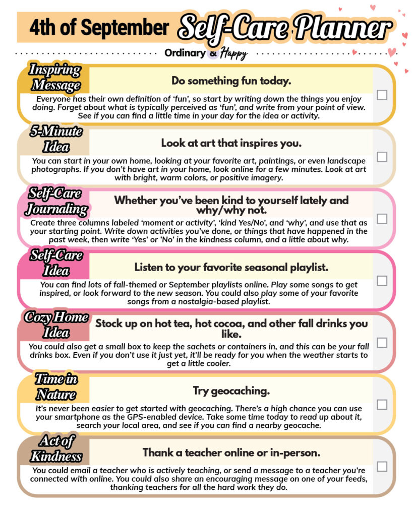 september 4th self-care planner with 7 ideas for the day displayed in a colorful graphic