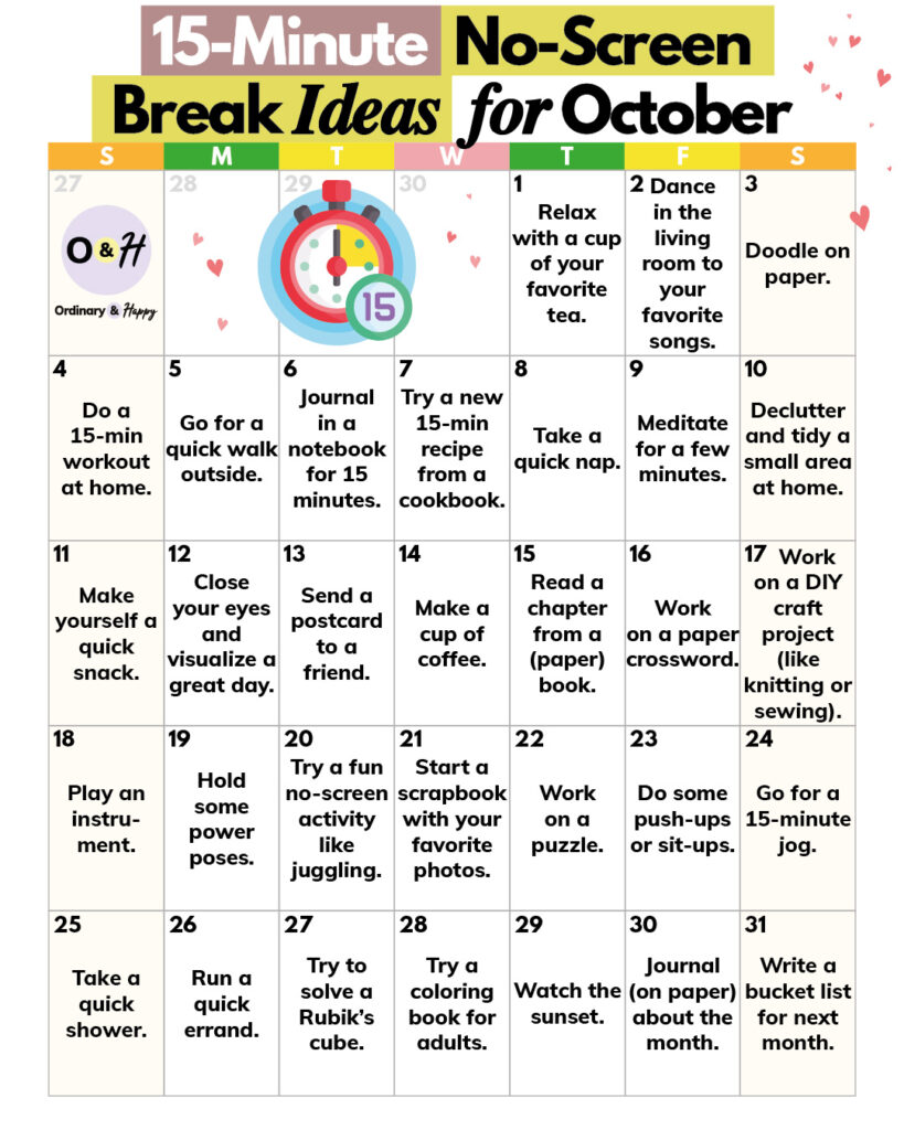October no-screen break ideas with 31 ideas for the month displayed in a grid calendar format