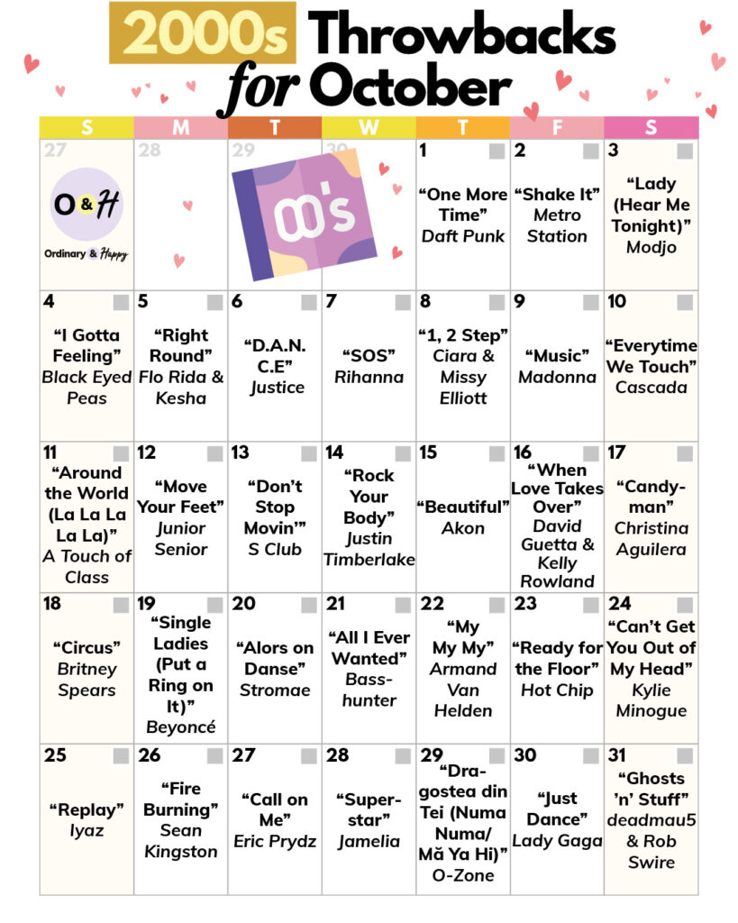 October 2000s songs calendar