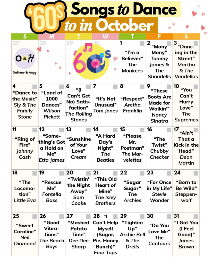 60s songs to dance to in October (calendar).