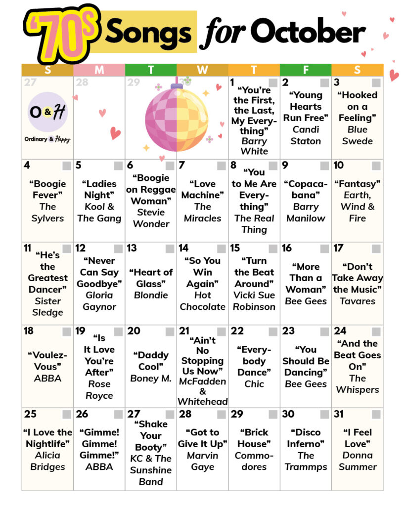 70s songs to dance to in October (calendar).