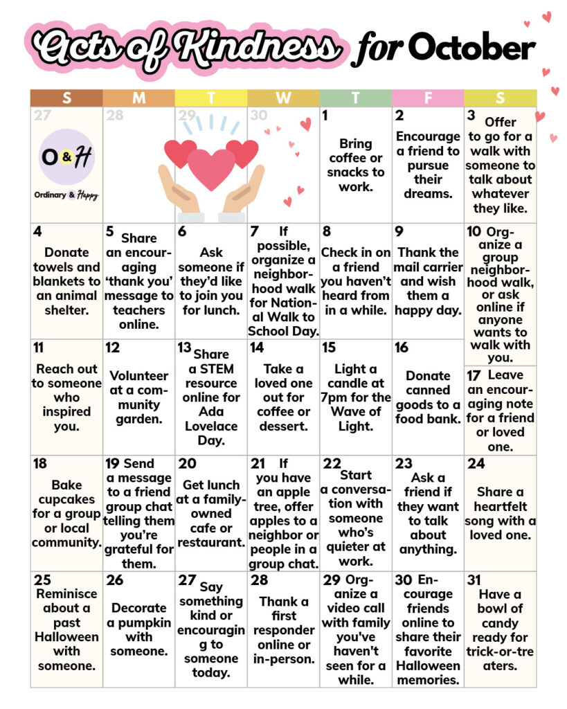 october acts of kindness calendar displaying 31 ideas in a 7x5 calendar grid for the month