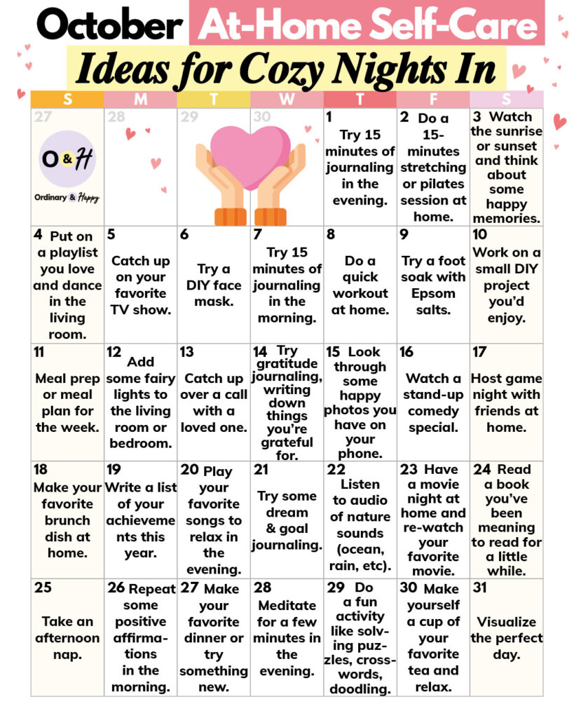 October self-care ideas calendar.