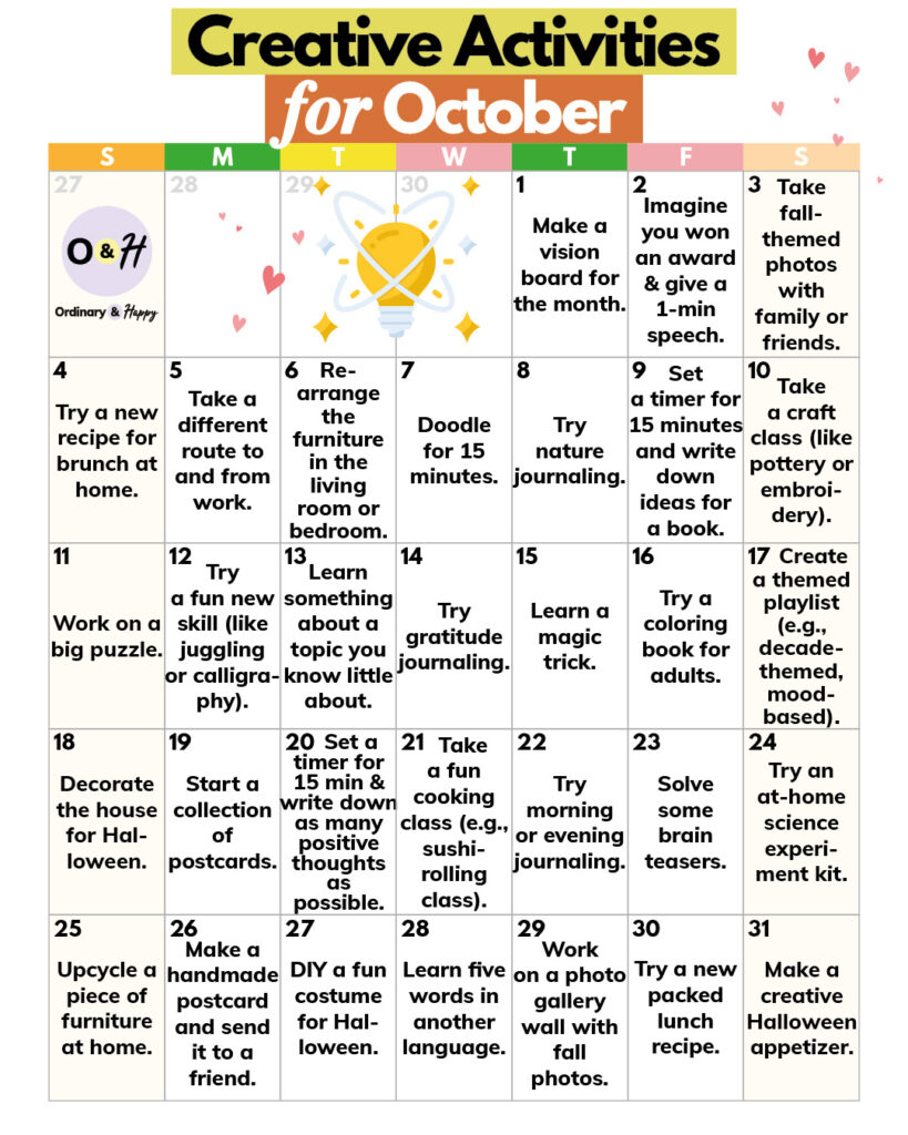 Creative activities calendar for October