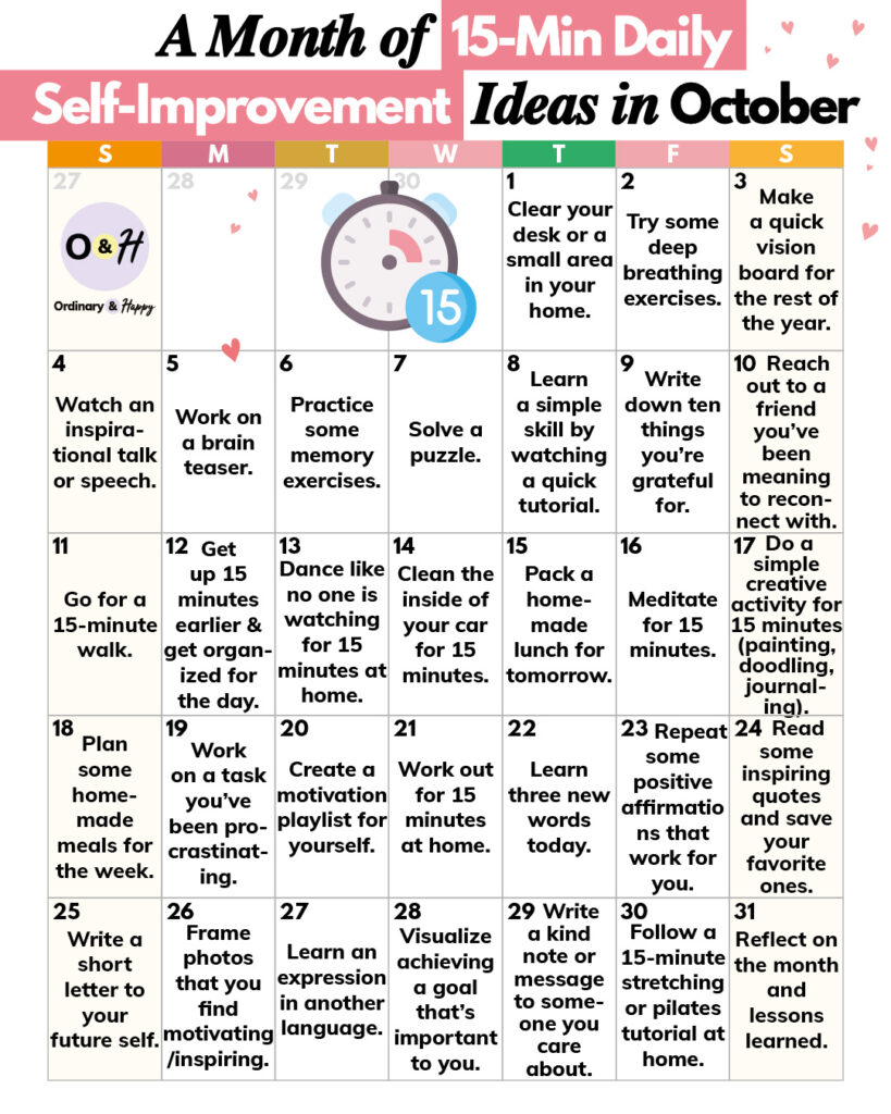 October self-improvement ideas displayed in a 31-day calendar