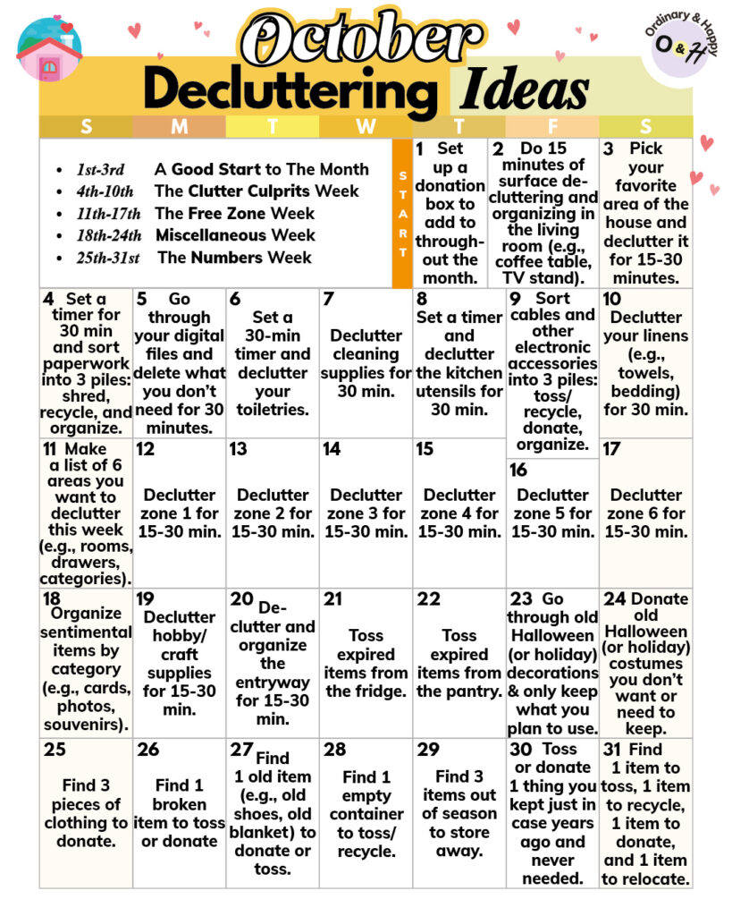 october decluttering challenge month with 31 ideas to check off in a 7x5 calendar grid