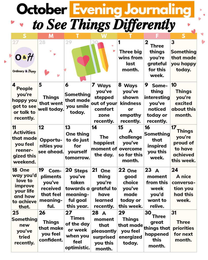 october evening journaling calendar with 31 prompts to write about in a 7x5 calendar grid