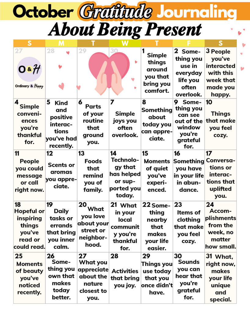 October gratitude journaling calendar.