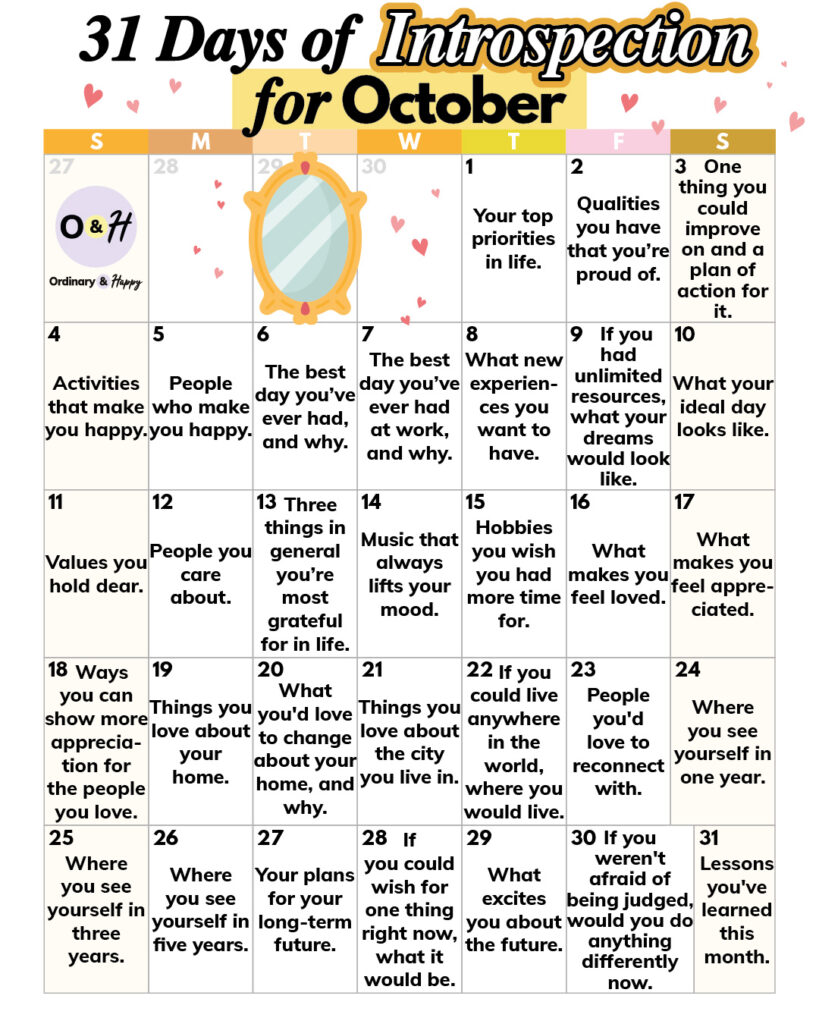 October introspection journaling ideas in a 7x5 calendar grid