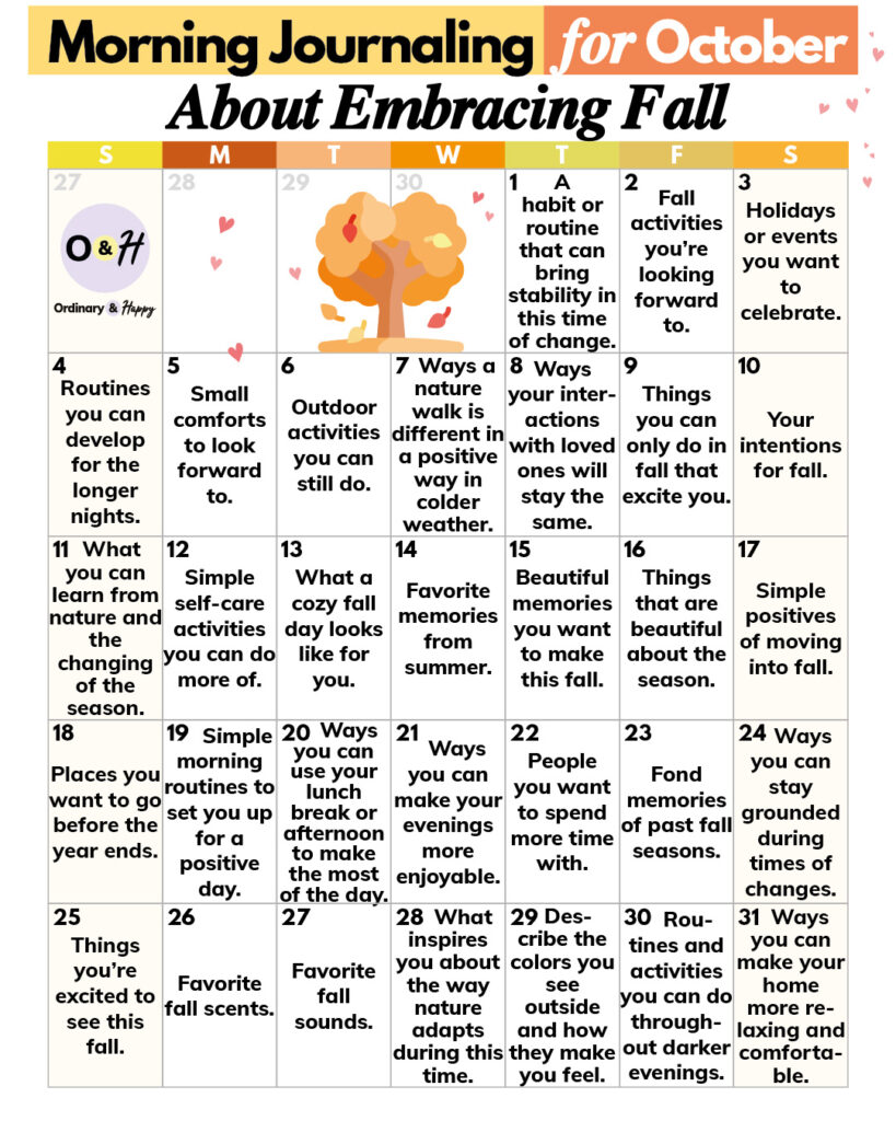 October morning journaling calendar with 31 prompts displayed in a 7x5 31-day calendar