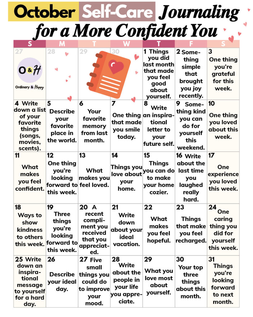 october calendar of self-care journaling prompts in a 7x5 calendar grid